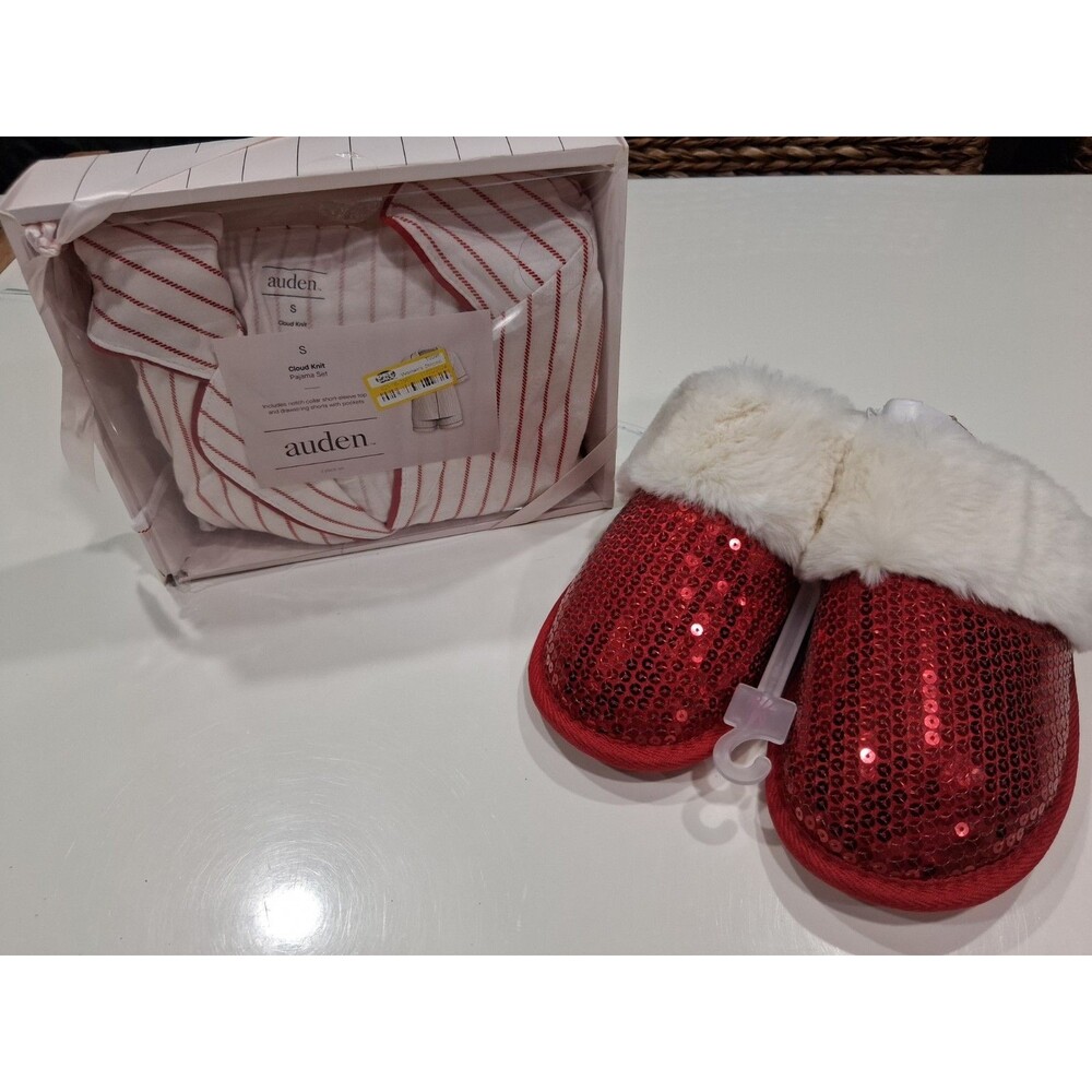 Auden Women SM Pajama set & Red Sequin Slippers Med (7/8) Faux Fur Slip On B21